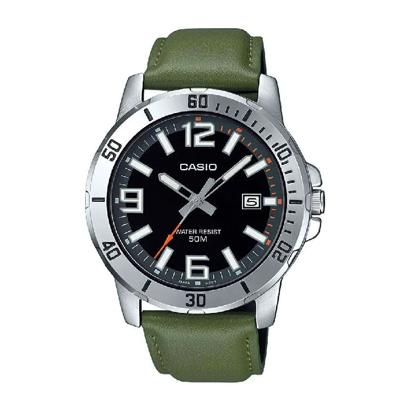 Casio MTP-VD01L-3BVUDF Army Green Leather Watch for Men